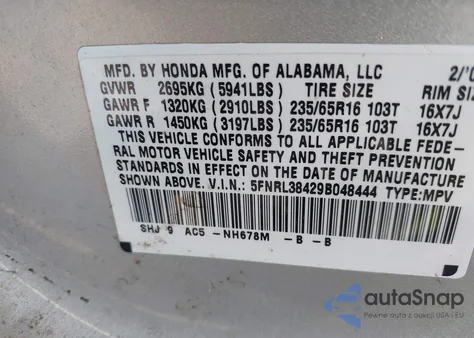 2009 Honda Odyssey Ex from USA, damaged, VIN 5FNRL38429B048444